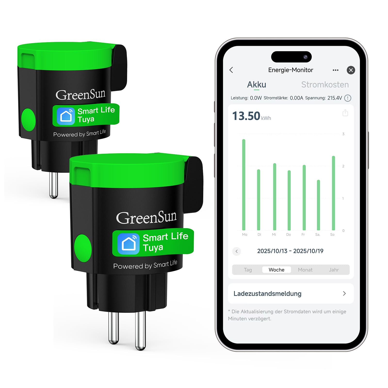 GreenSun WLAN Outdoor-Steckdose 2er, IP44, 16A, 3680W App & Timer | IP44 WLAN-Steckdose misst den Verbrauch, bietet Timer und Zeitpläne und lässt sich per Smart Life, Alexa oder Google steuern.