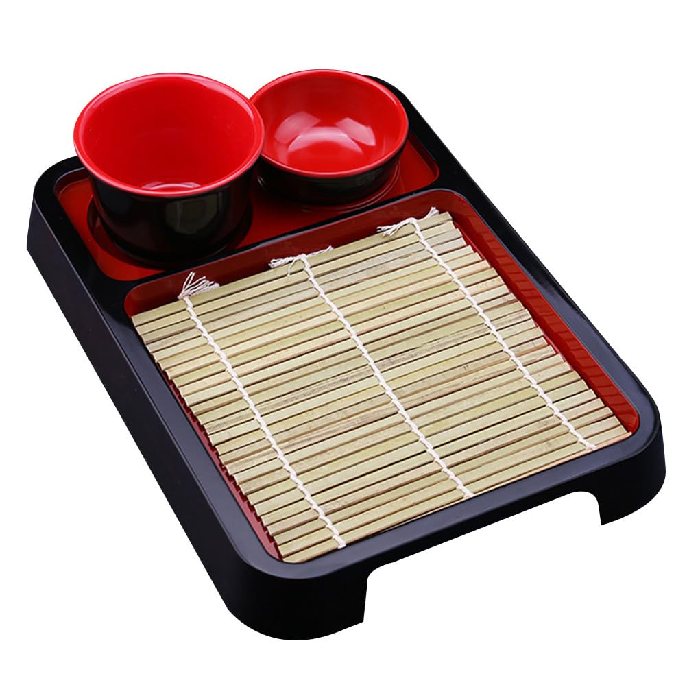 Hemoton 1set Japanese Style Cold Noodle Dish with Bamboo Mat Rectangular Soba Noodles Plate Decorative Food Tray for Parties and Gatherings