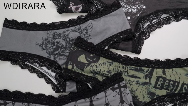 WDIRARA Women's 5 Pack Set Goth Graphic Print Mesh Sheer Lace Trim