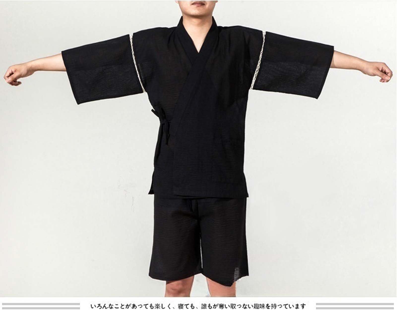 ZEALMAX Conjunto de kimono japonés para hombre, camisa y pantalones cortos, algodón y lino, bata de baño, color negro