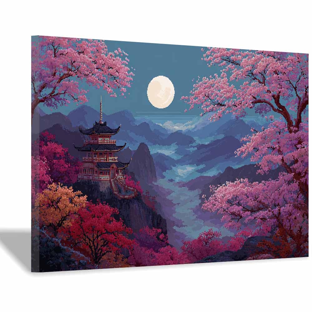 HOQIU Wall art for home decor Moonlit Pagoda Views canvas artwork for wall, art prints, For living room, bedroom, bathroom, dining room, painting and decor.(Multicolor)-60x80cm Framed