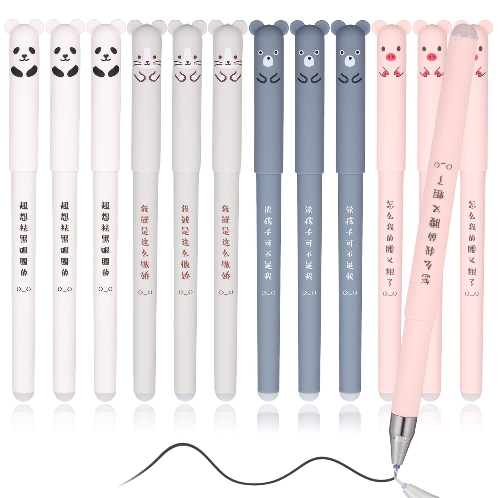 12 pcs Erasable Pens, 0.35mm Gel Pen Rollerball Pens Black Ink Cute Cartoon Animal Friction Pens for School Office Stationery Students Adult Writing(Pig Panda Mouse Bear)