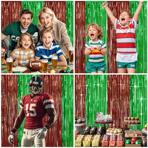 Image of 4 Packs Football Foil Fringe Curtain, Brown Green Glitter Metallic Tinsel Backdrop for Birthday, Baby Shower, Super Bowl, Football Game Day Party Decorations Supplies