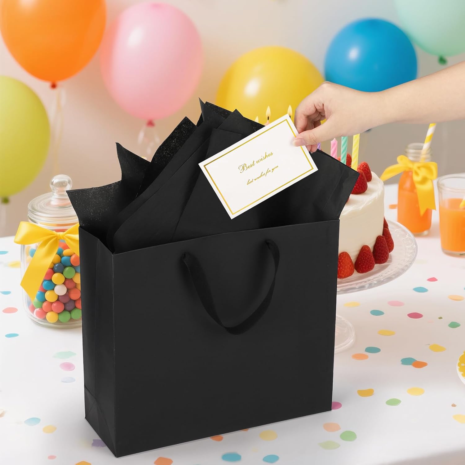 EUSOAR Gift Bag Black, 12pcs 12.5"x4.5"x11" Large Gift Wrap Shopping Thank You Bags with Handles 25pcs 20"x30" Black Tissue Paper and 12pcs White/Gold Blank Greeting Cards for Wedding Party Boutique