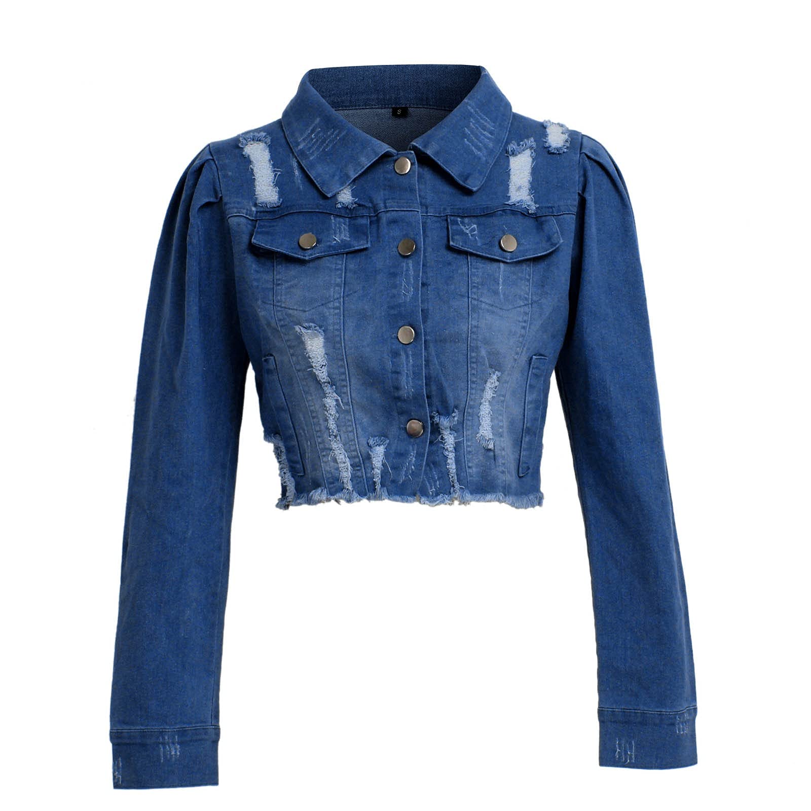 Jeansjacke Damen Kurz Jacke Vintage Mantel Langarm Jacket Einfarbig