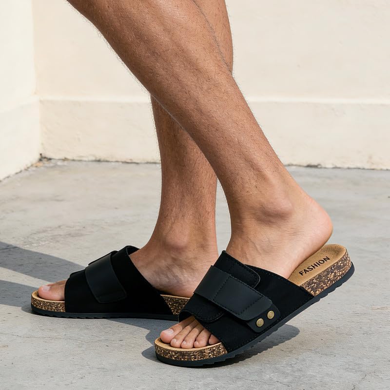 Mens Flat Slides With Hook ＆ Loop, Womens Cork Footbed Sandals Unisex