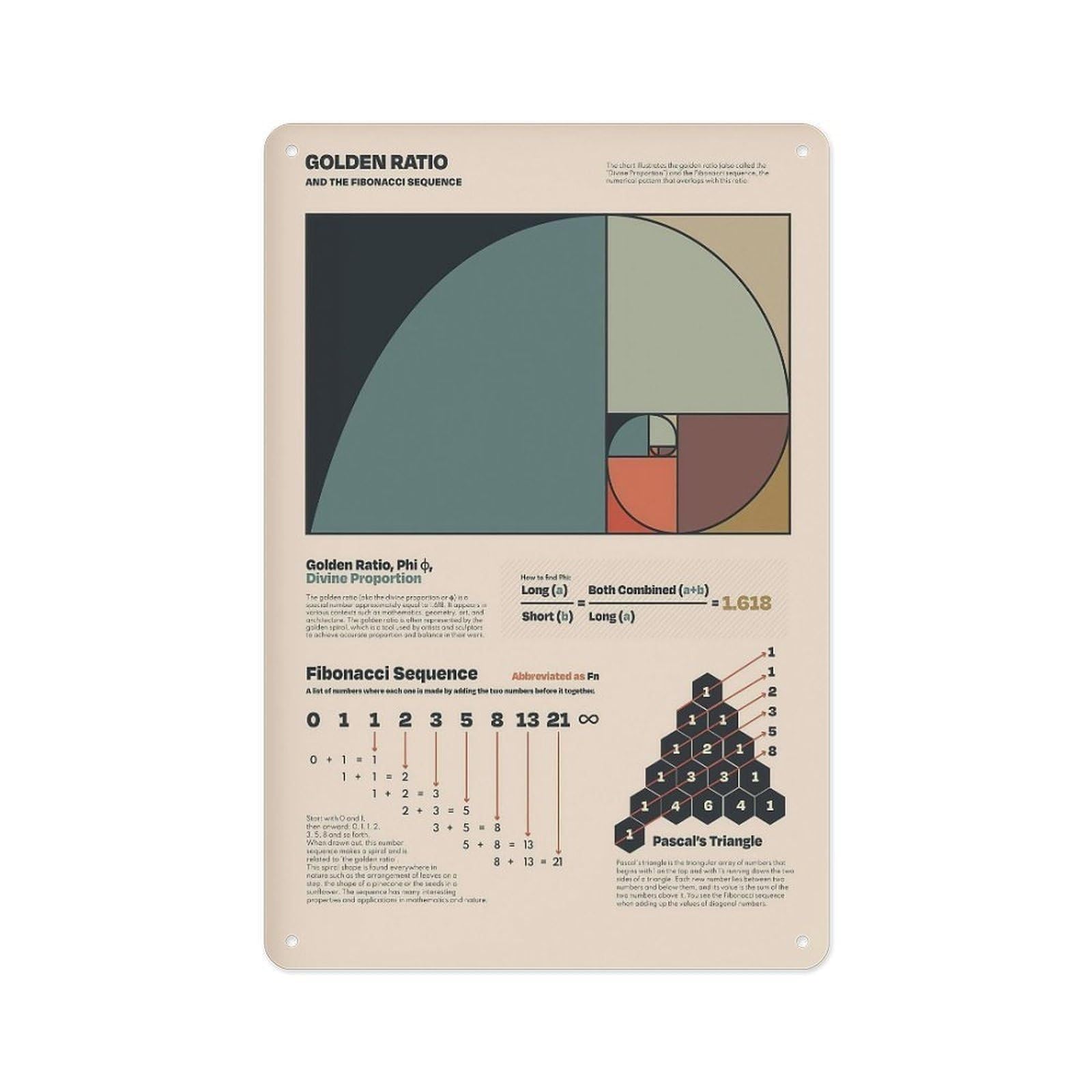 MCQWOMFQAK Golden Ratio And Fibonacci Sequence Science Art Poster Math Geometry Chart On Vintage Metal Sign For Office Study Or Classroom Decor 8 X 12 in