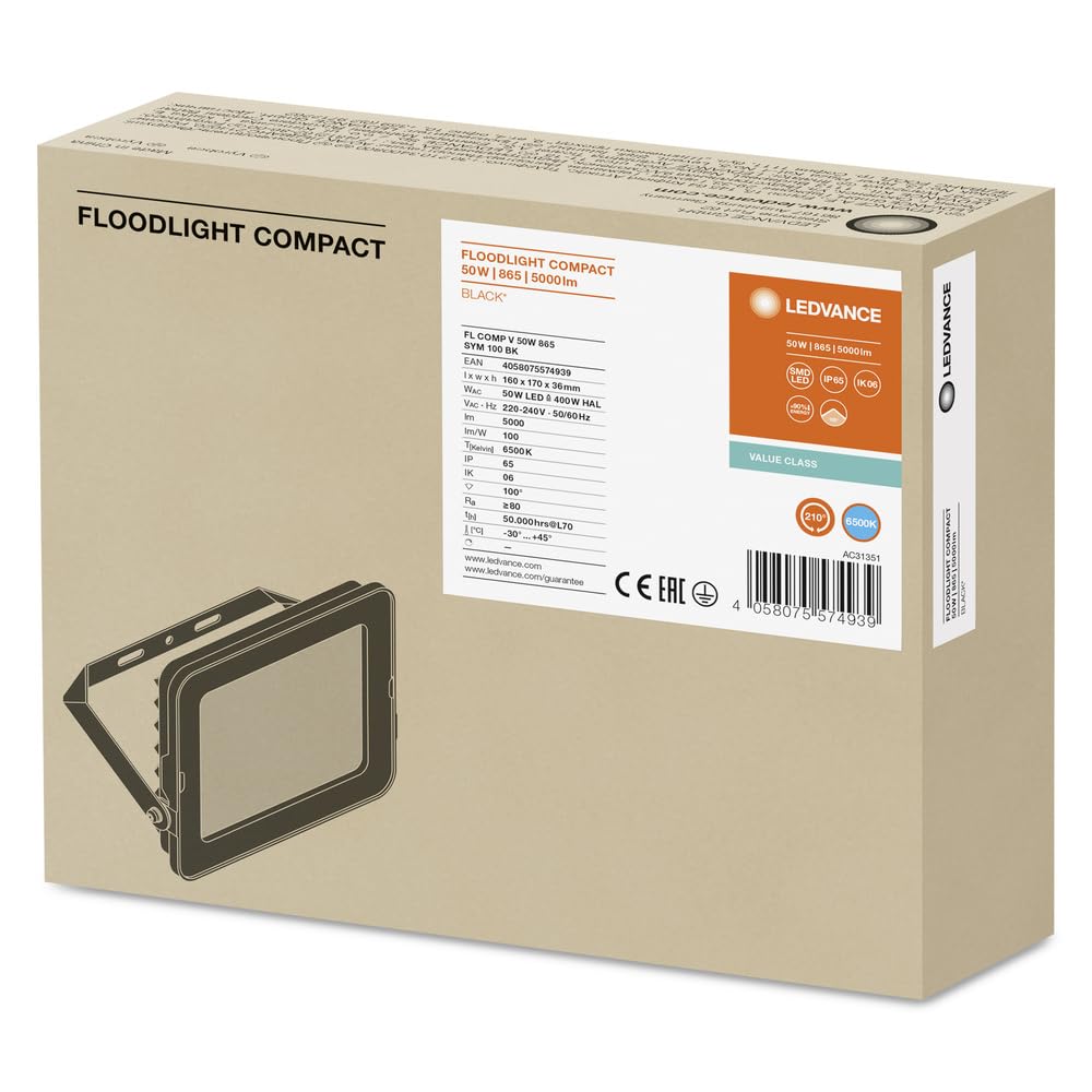 Ledvance Proyector LED compacto negro 50 W 5000 lm 100D - 865 Luz del día | IP65 - Simétrico
