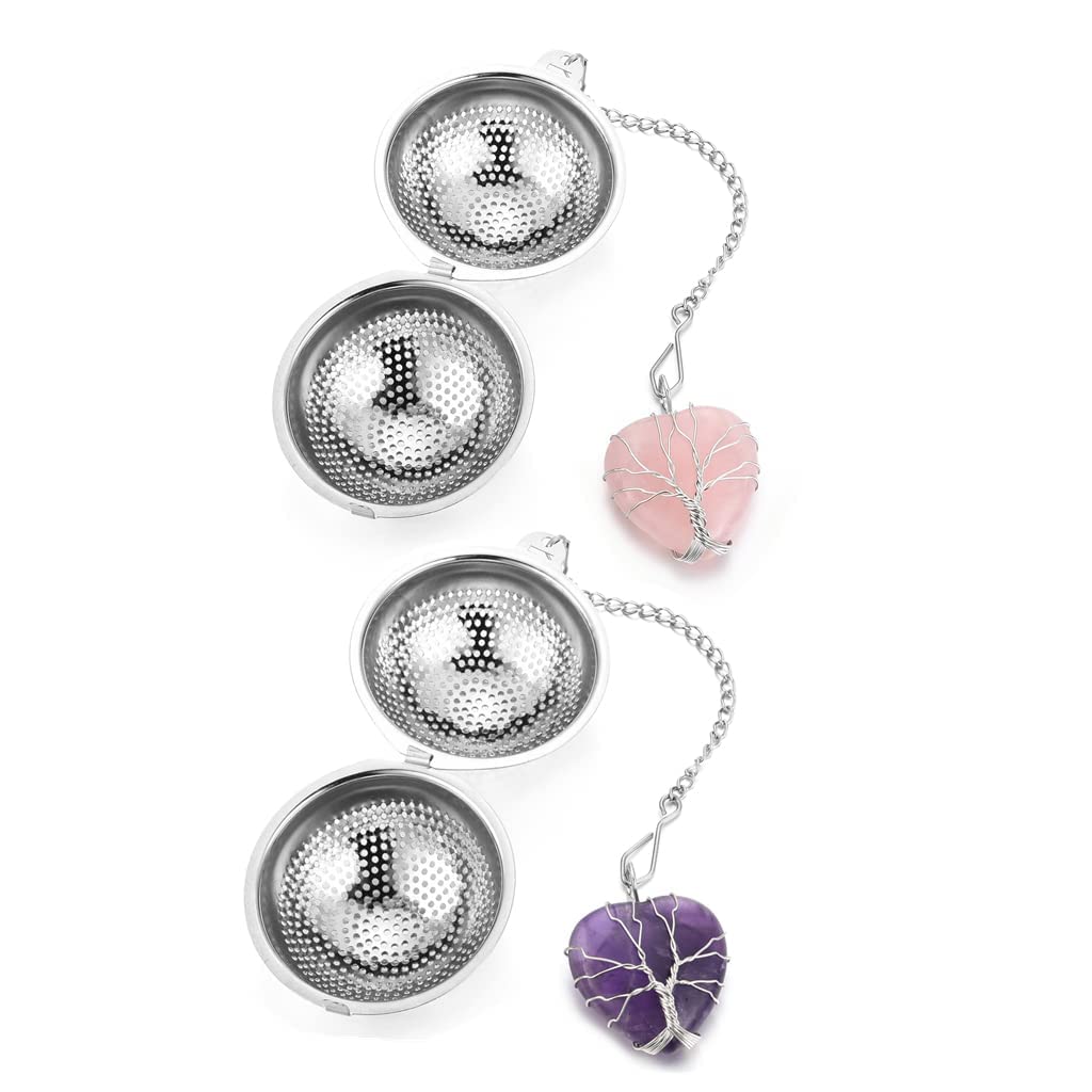 Lpraer 2 pezzi filtro da tè in acciaio inox a maglia sferica tè infusore ametista e quarzo rosa cuore ciondolo filtro da tè con catena estesa gancio per tè sciolto