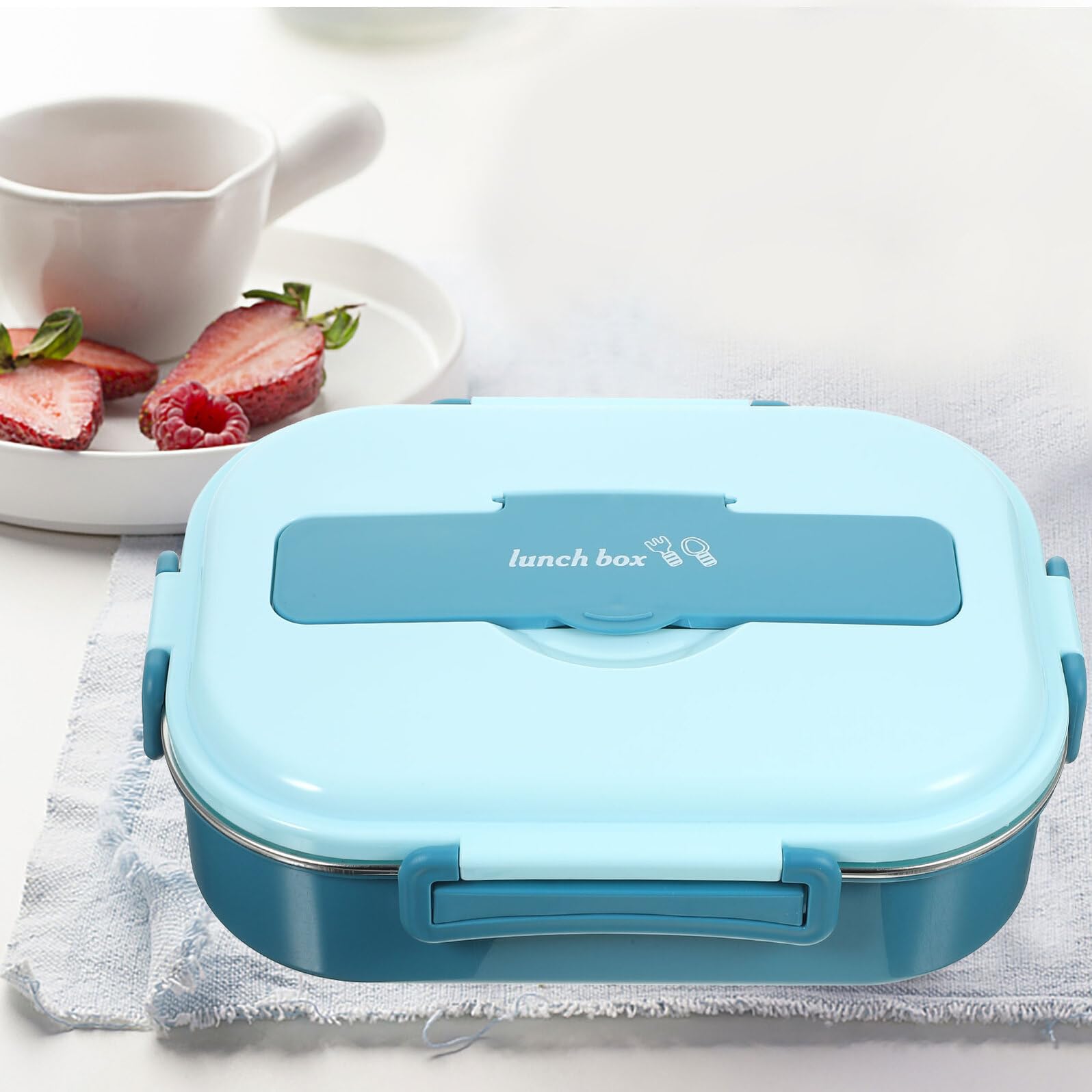 LABRIMP Boîte à Lunch Bento 1300ml 4 Compartiments Acier Inoxydable Bleu