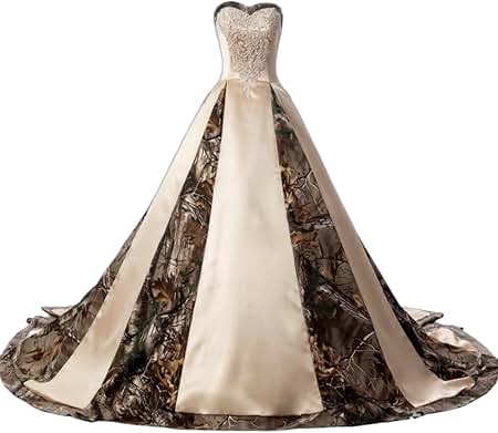 camouflage formal dresses ZVOCY Women's Wedding for Bride Satin Camo Long Gown for Wedding White occ:Night Out Bridal Blouse Lace Top Mossy Oak winter Color:Sherbert