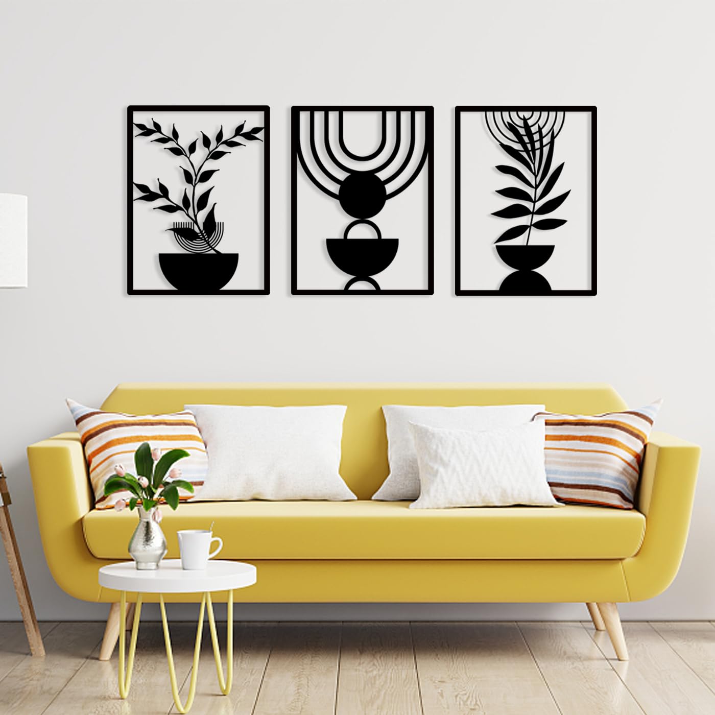 Pduoduo 3 Pannelli Arte da Parete in Metallo Stile Boho, Arte da Parete Geometrica Minimalista Astratta, Scultura in Metallo Nero per Soggiorno, Camera da Letto (56 * 42 cm)