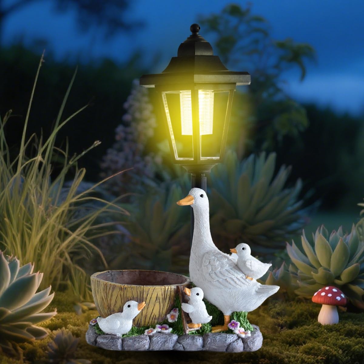 Garden Duck Statues with Solar Lantern, Duck Figurines Yard Art Sculptures Solar Powered Lanterns, Flowerpot Outdoor Decoration & Garden Ornaments for Patio Lawn Backyard Porch