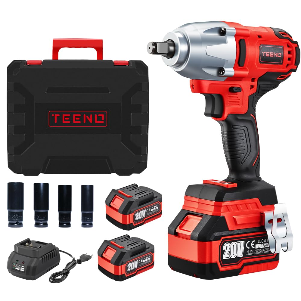TEENO Chiave a impatto Brushless 1/2" 600Nm 20V 2x4000mAh Batterie, Avvitatore a urto 4 boccole (17/19/21/22mm), per automobile e uso domestico
