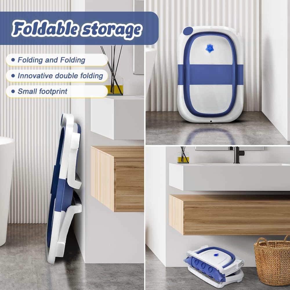 Bañera de bebé plegable, portátil para bebés como artículo esencial para recién nacidos y niños pequeños, para 0-24 meses, set de cuidado del bebé para recién nacidos (azul)