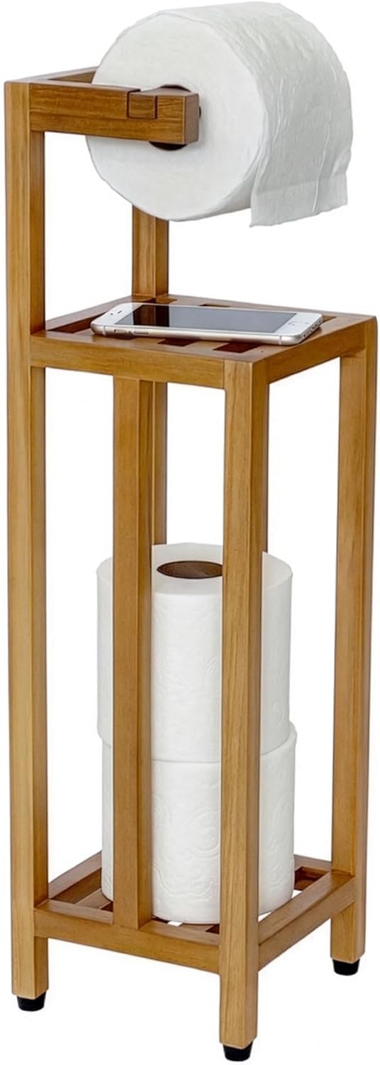 Solid Teak Toilet Paper Holder Stand with Shelf, Freestanding Bathroom Toilet Paper Roll Holder with Reserve, Standing Toilet Paper Holder with Storage, Fully Assembled, SpaTeak Collection, TB-702