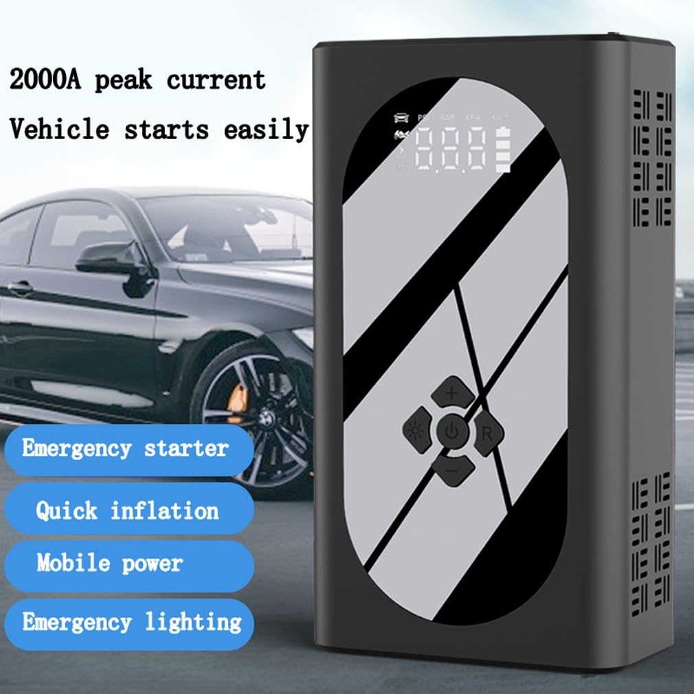 Jump Starter Power Pack z kompresorem powietrza, 150 PSI 8000 mAh 1500 A prąd szczytowy samochód awaryjny Jump Starter Power Bank (do 12 V 5,0 l gazu / 3,5 l oleju napędowego) z wyświetlaczem, latarka