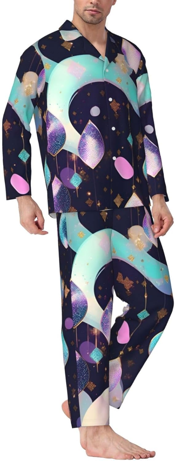 Glittery Pretty Pattern Print Luxurious Mens Pajamas Set,Soft Breathable Pajamas, Perfect For Winter Christmas