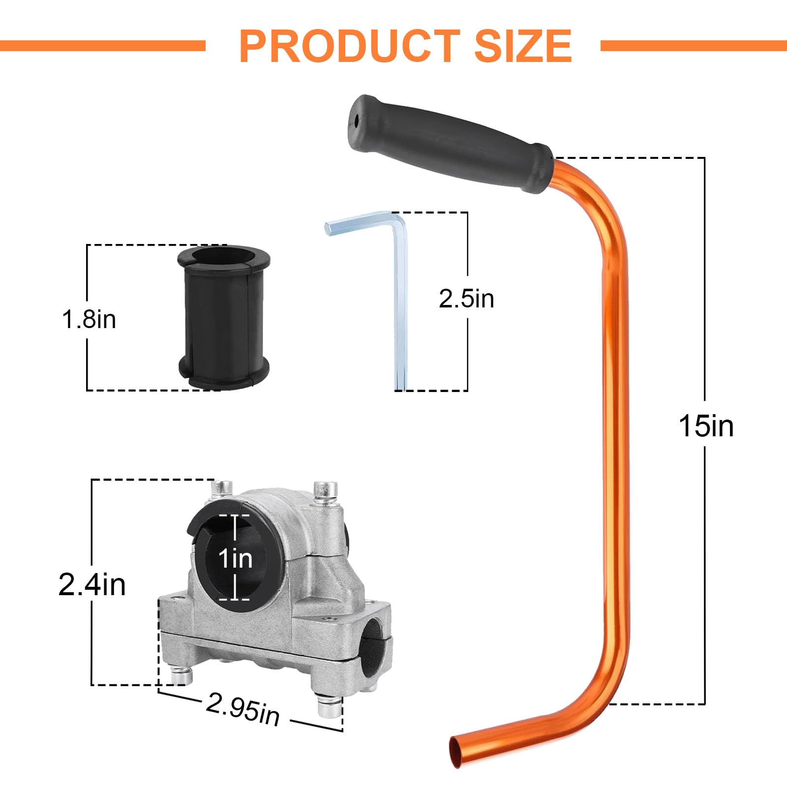 Mango ergonómico para recortadora de cuerda, naranja, mango de extensión de 15 pulgadas con abrazadera de soporte, espaciadores de goma de 26 mm/28 mm, arandelas de goma, llave Allen incluida, para