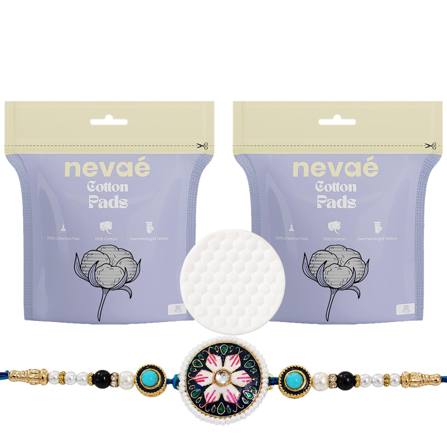 Nevae Cotton Pads 40 Pcs with Designer Stone Pearl Rakhi Set for Brother | Soft & Skin-Friendly | Highly Absorbent | Lint-Free | Makeup Remover & Toner Use | rakhi set for brother-picture-51
