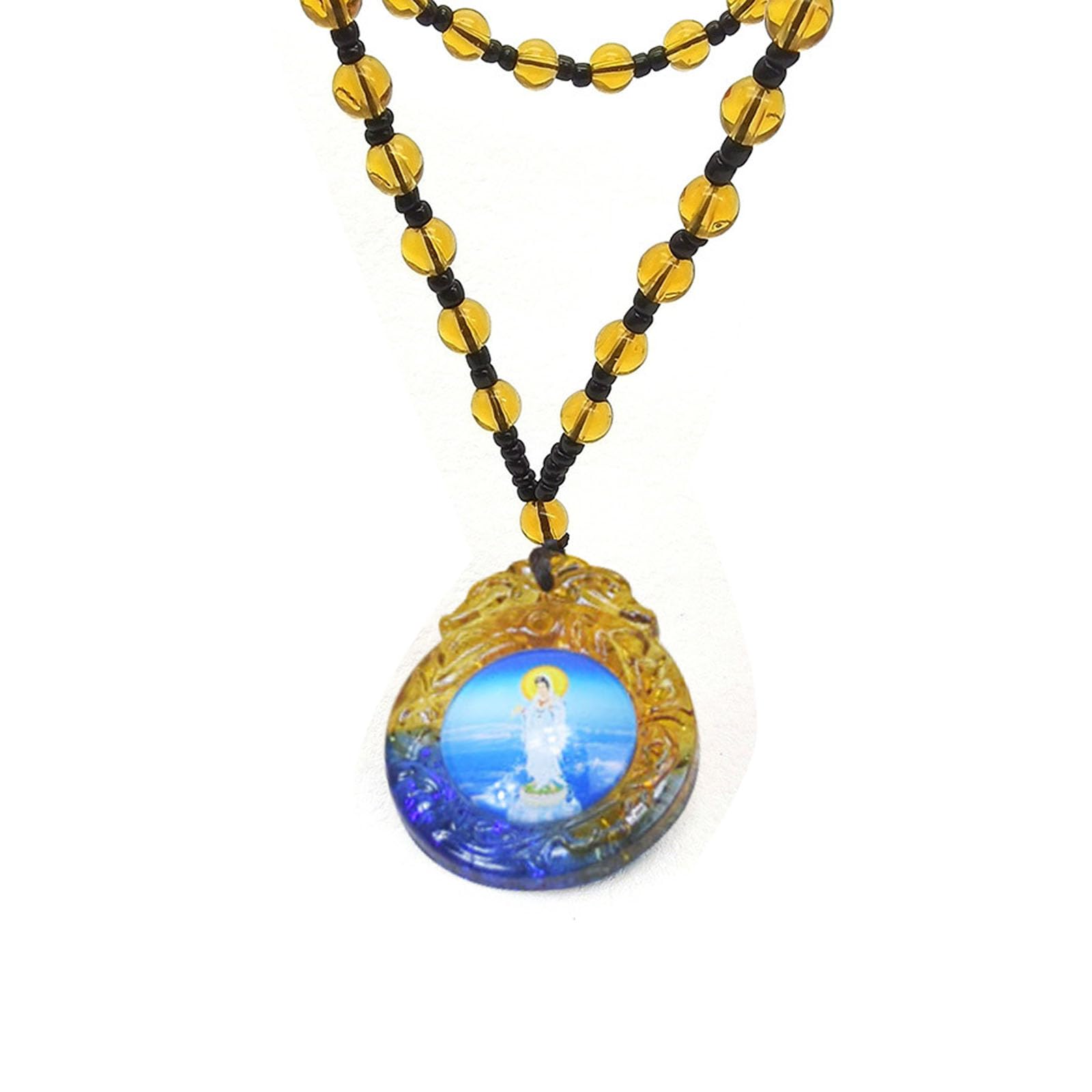 Buddha Quan Yin Pendant Guan Yin Beaded Chain Necklace Coloured Glaze Kwan-yin Chinese Feng Shui Amulet for Wealth Safe, Stone, Obsidian