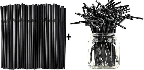 ALINK 500 pajitas negras + 100 pajitas de plástico negro extra largas