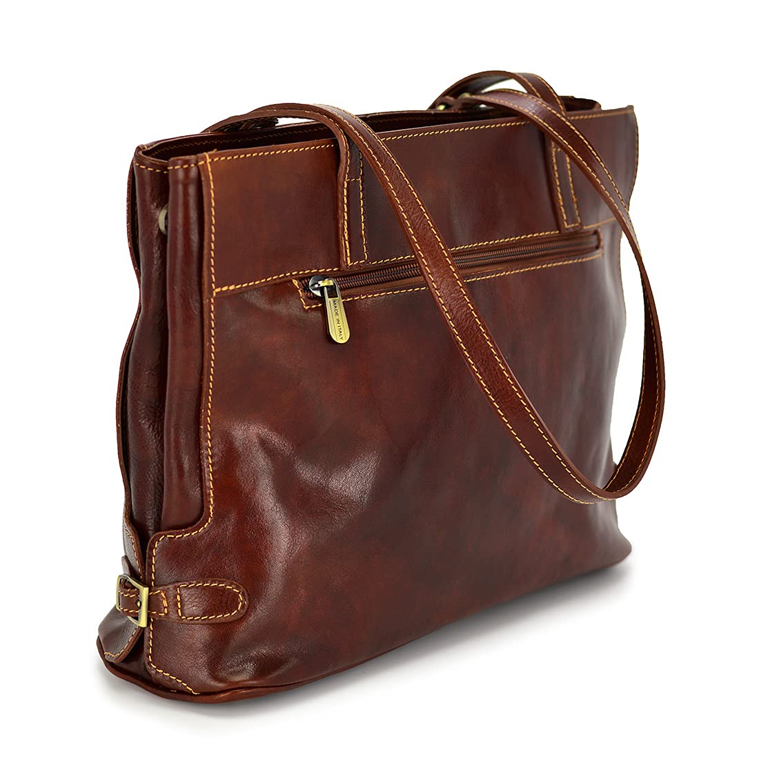TMC LEATHER DIAMONDS Skórzana shopper Florence 14, brązowa, dwukomorowa, 40x12x28cm, złote okucia, skóra licowa, damska, naturalna