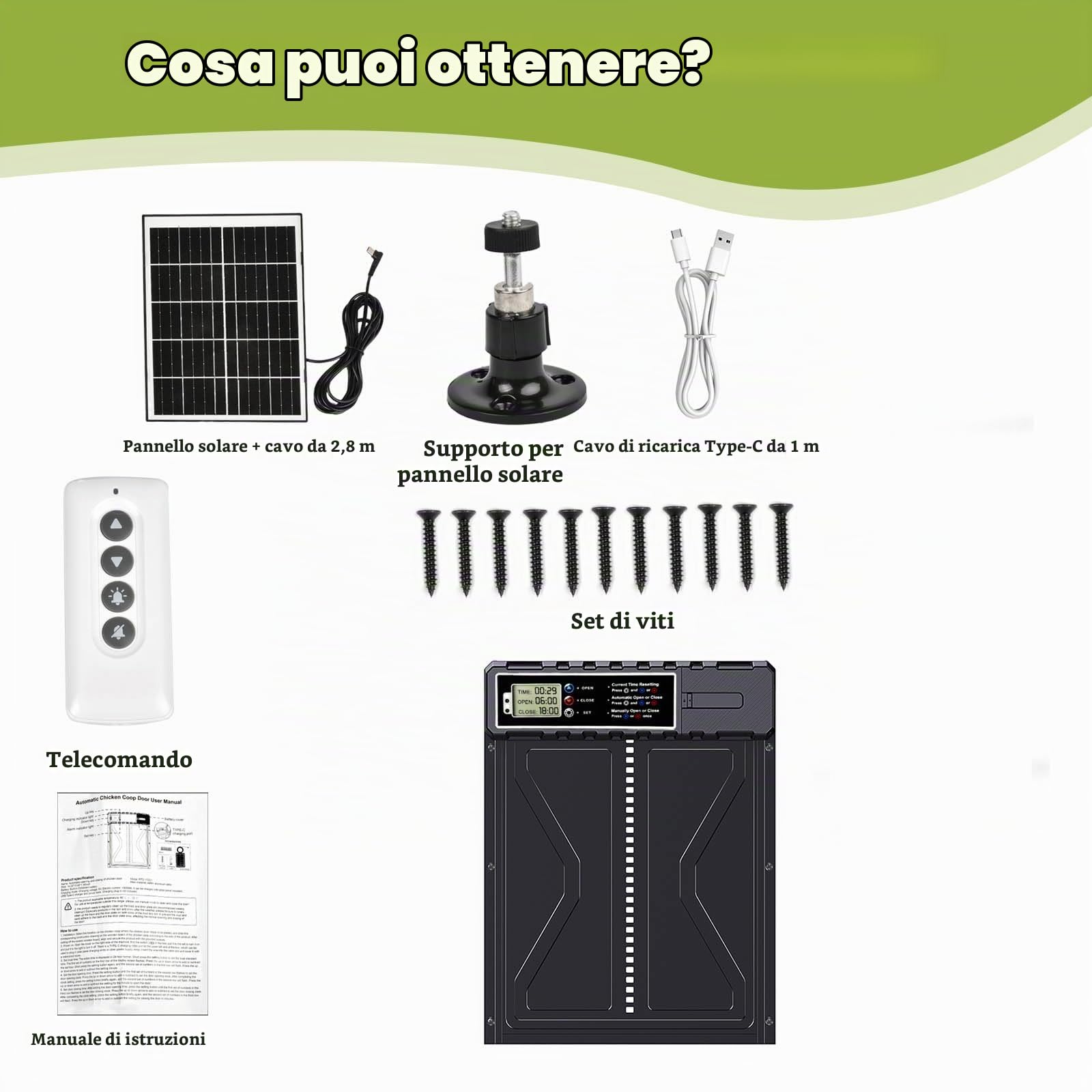 Grande sportello automatico solare per pollo, aggiornamento timer, pannello solare da 7 W, anti-pin, display LCD, telecomando, porta del pollaio
