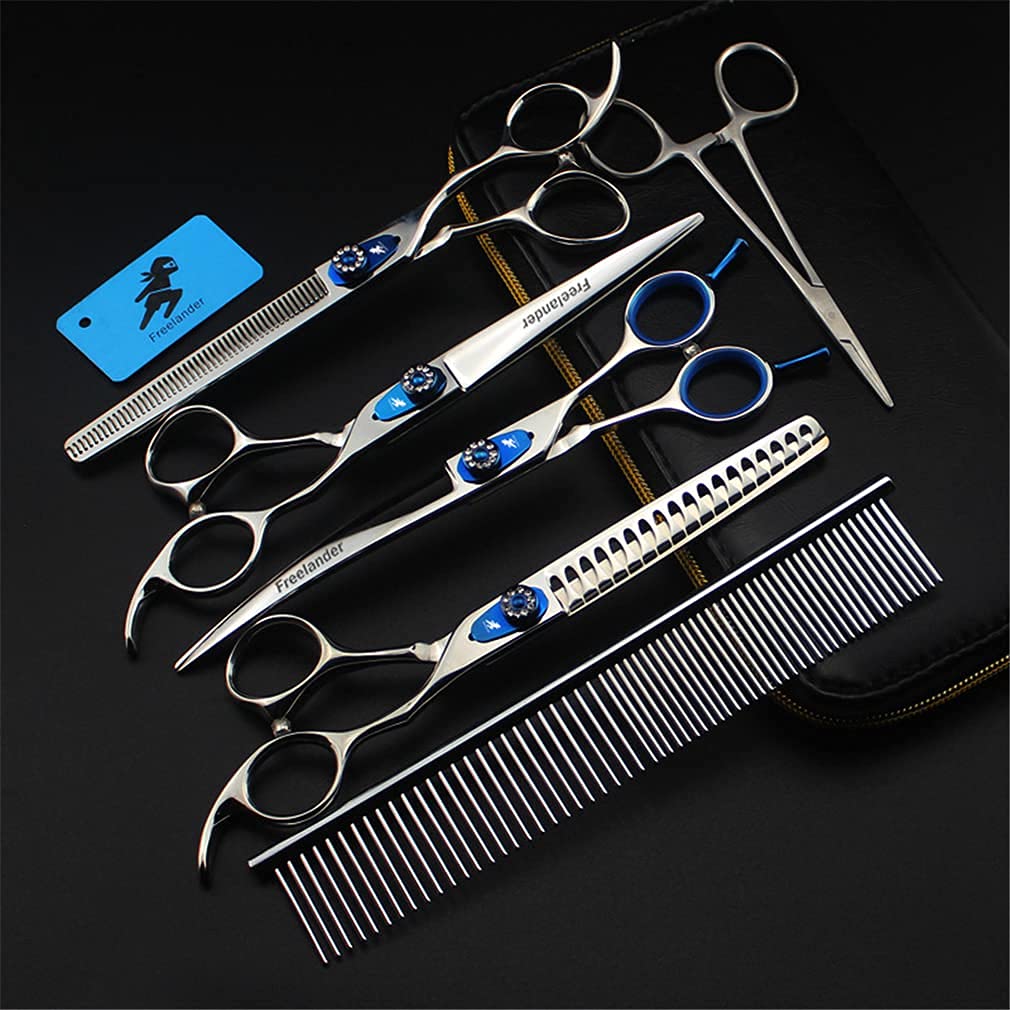 QZH Juego de Tijeras de Aseo para Mascotas, Acero Inoxidable 440C, 7 Piezas, Kit de recortador de Mascotas de 7.0 Pulgadas, Kit de Herramientas de Corte de Pelo, Tijeras de peluquería,