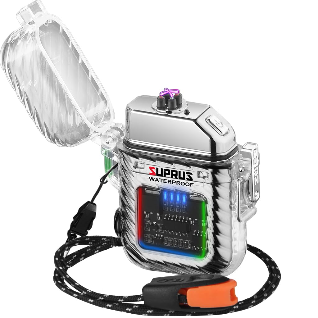 SUPRUS Luminous 3 Modes of Flashlight Windproof Waterproof Lighter Electric Rechargeable Dual Arc Plasma Lighter with Survival Emergency Whistle and Lanyard (Silver)