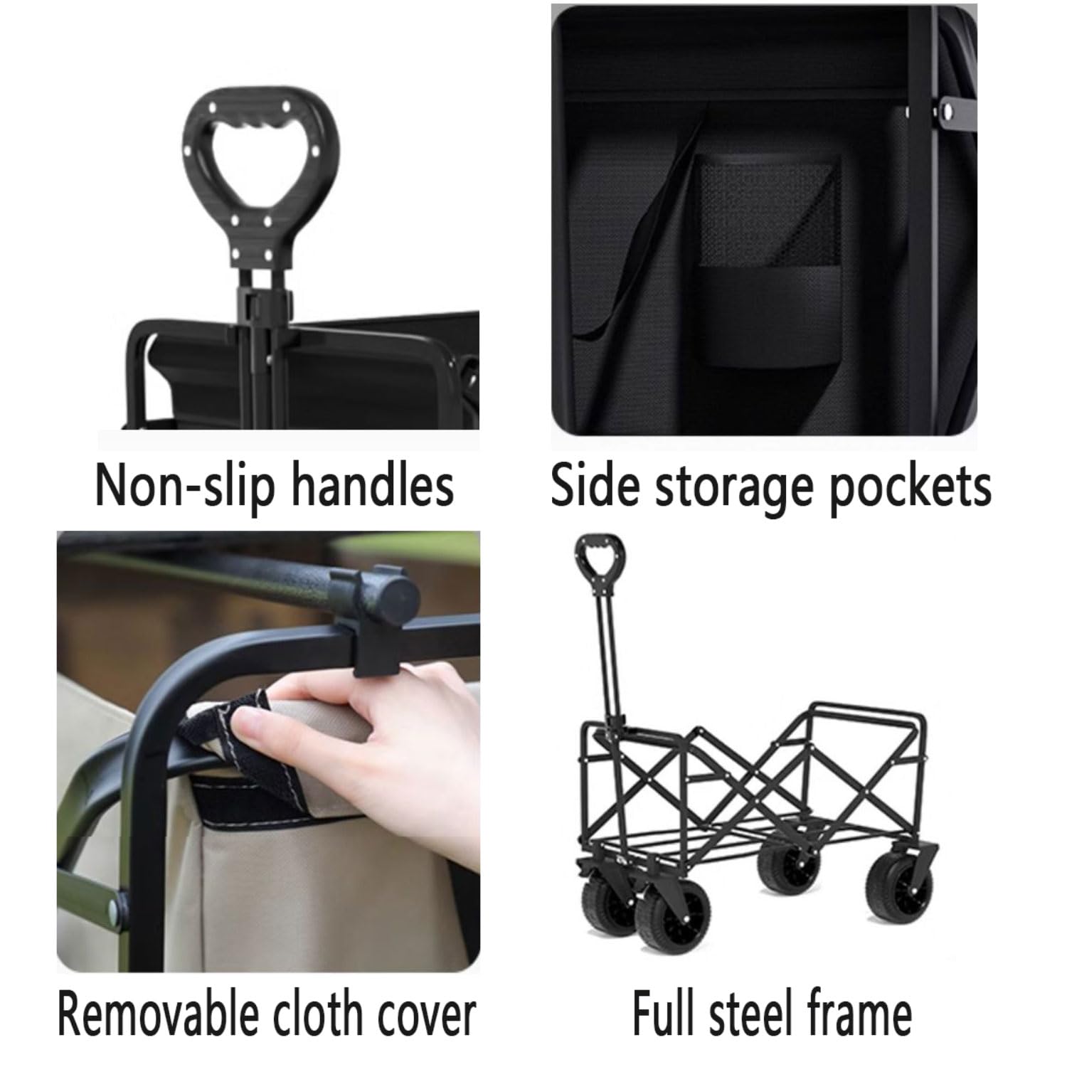 Carrello Pieghevole con Ruote Rimovibili Carrello Pieghevole Trasporto con Maniglia Telescopica Carrello da Giardino Pieghevole con Tasche Laterali Carrello da Spiaggia per Tutti i Terreni