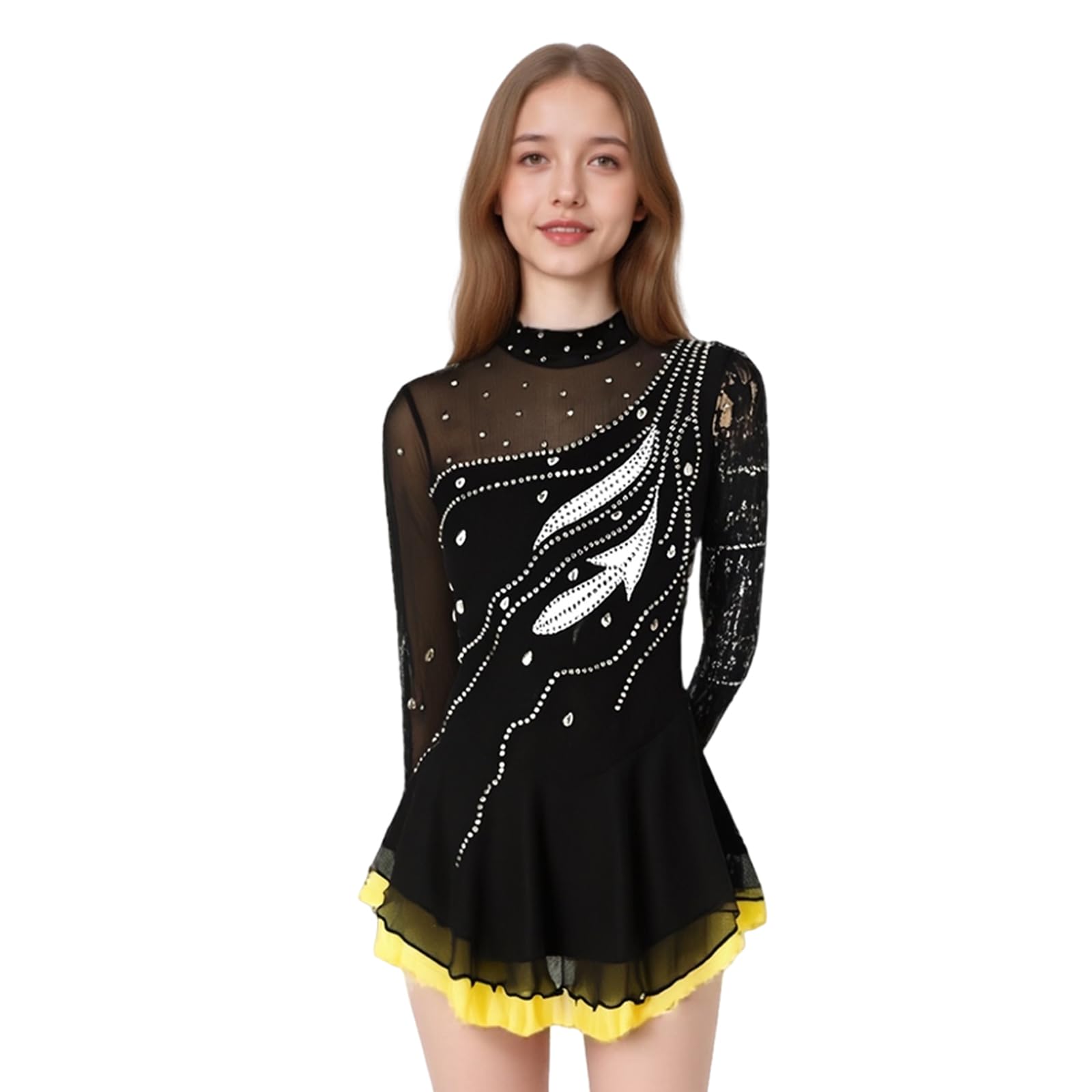 LIUHUO Vestido de patinaje artístico sobre hielo Falda de malla de diamante de manga larga Negro, Negro -, Medium