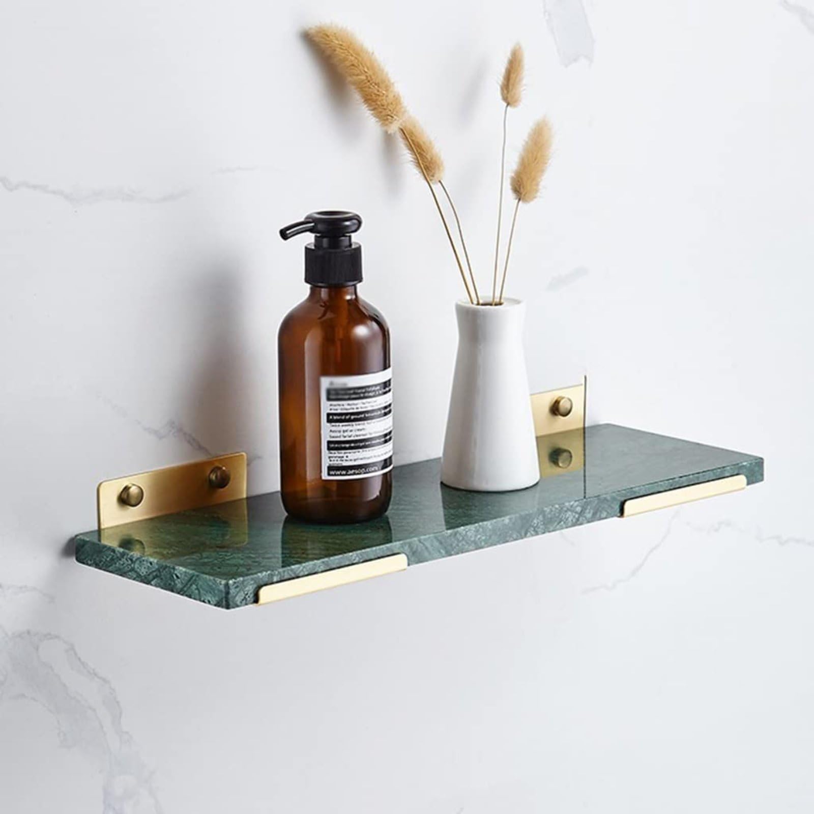 BAOTEDSL Shower Caddy Floating Shelves Nordic Light Brass Brushed Bathroom Shelf Rack Marble Shelves Wall Mounted Shampoo Cosmetics