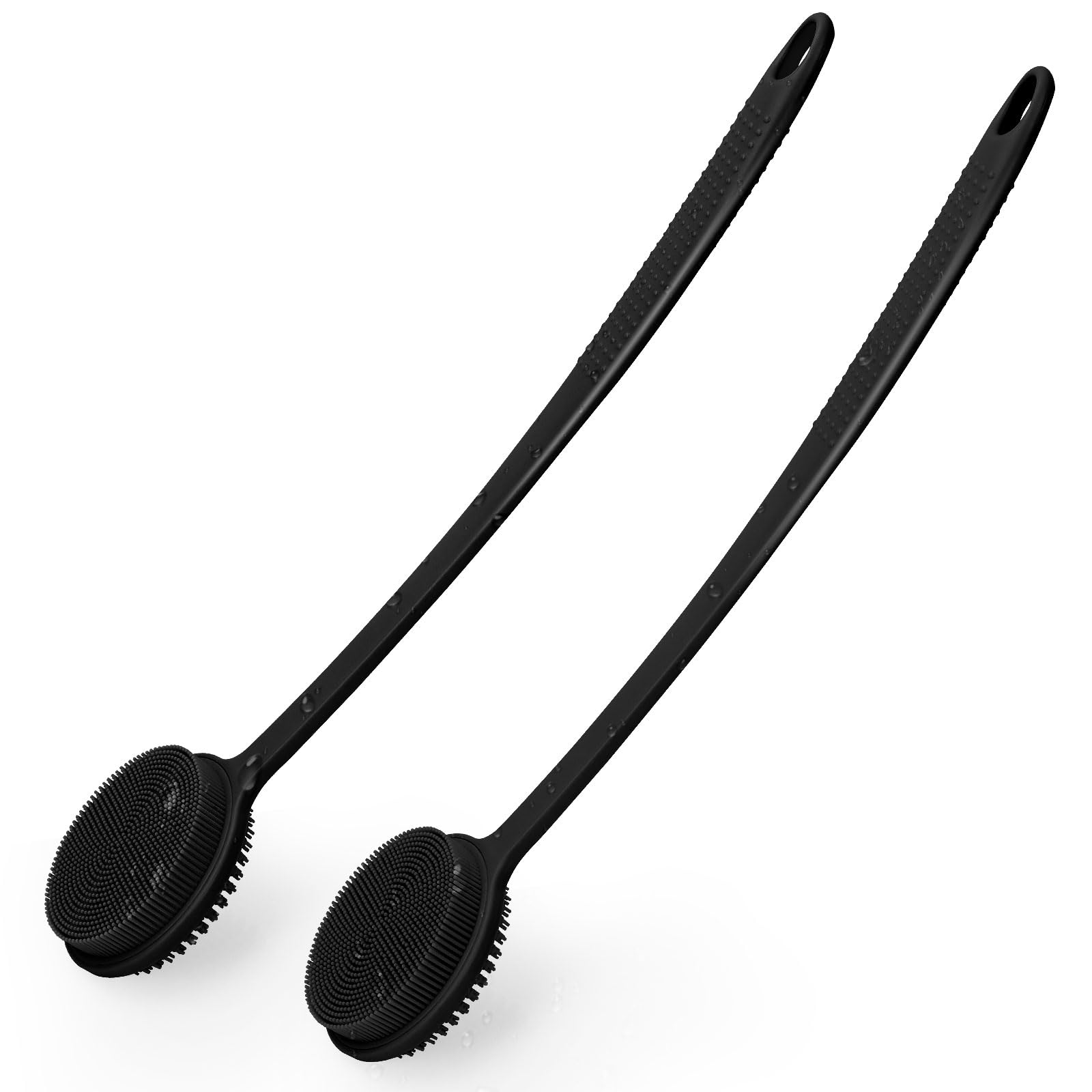 Rückenbürste Dusche 2er-Set, Silikon Rückenbürste mit Langem Stiel Peelend Körperbürste Duschbürste Rücken Silicone Body Scrubber Badebürste Massagebürste Körper Frauen, Männer, Schwarz und Schwarz