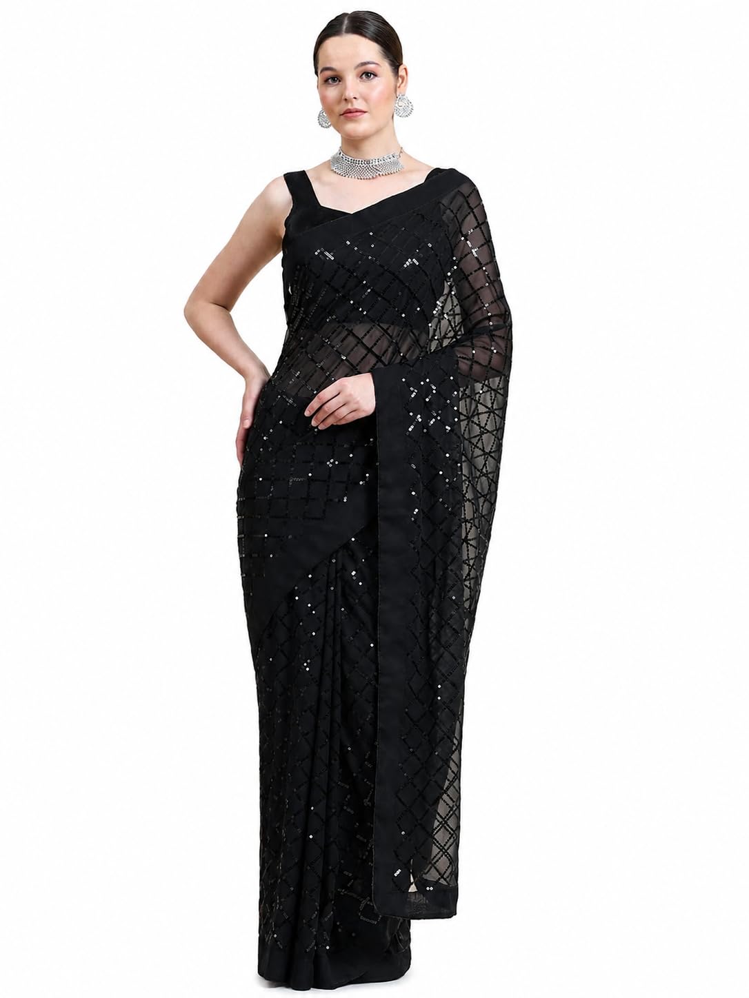 Georgette Saree for Women | Heavy Sequins Work Party Saree | Wedding, Function, Festival & Reception Wear | Unstitched Blouse Included-image-0