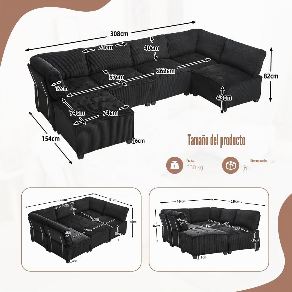 Sofá modular ergonómico de 6 plazas de 308 cm, sofá esquinero moderno con bolsillos de almacenamiento, flexible como sofá en U/en L/cama, tejido de pana para salón o apartamento, color negro
