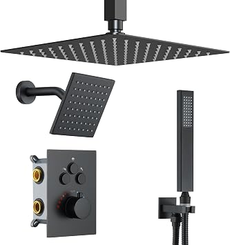 Thermostatic Dual Showe Heads System with Ceiling 12-Inch Rainfall Shower & Wall Mount 6-Inch Shower Head, Double Shower Heads Set with Handhheld Sprayer Matte Black 3-Functions Shower Faucet