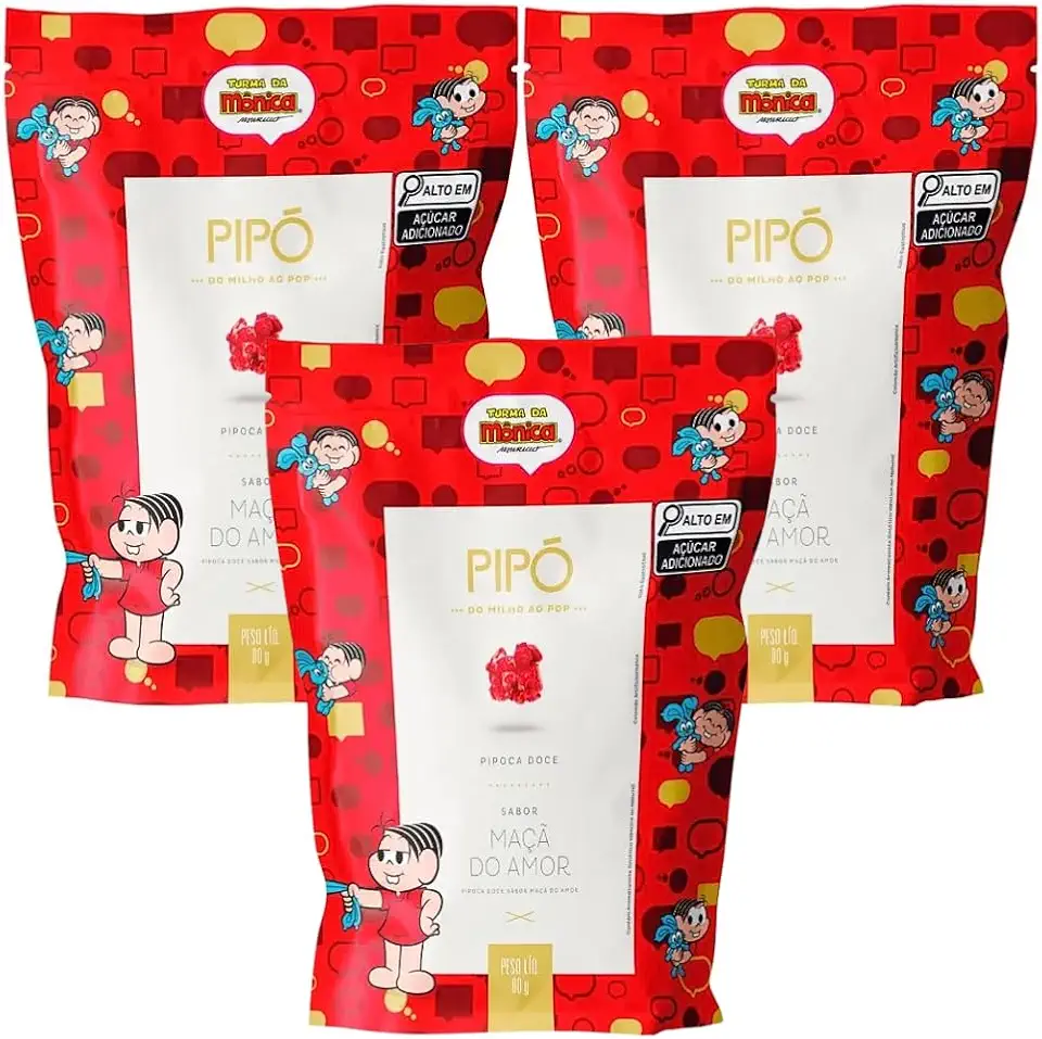 Kit 3 Pipoca Doce Sabor Maçã do Amor 80g Pipó Snack Gourmet