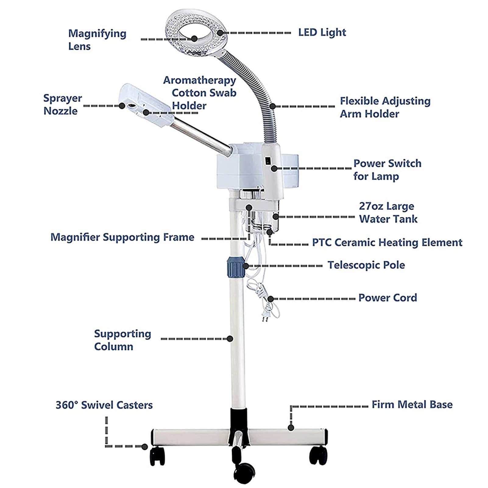 Vaporizzatore Facciale Professionale, Vaporizzatore per Umidificatore a Vapore Facciale 2 in 1 Lampada da Terra con Ingrandimento 5X LED, Attrezzatura per La Cura della Pelle di Bellezza