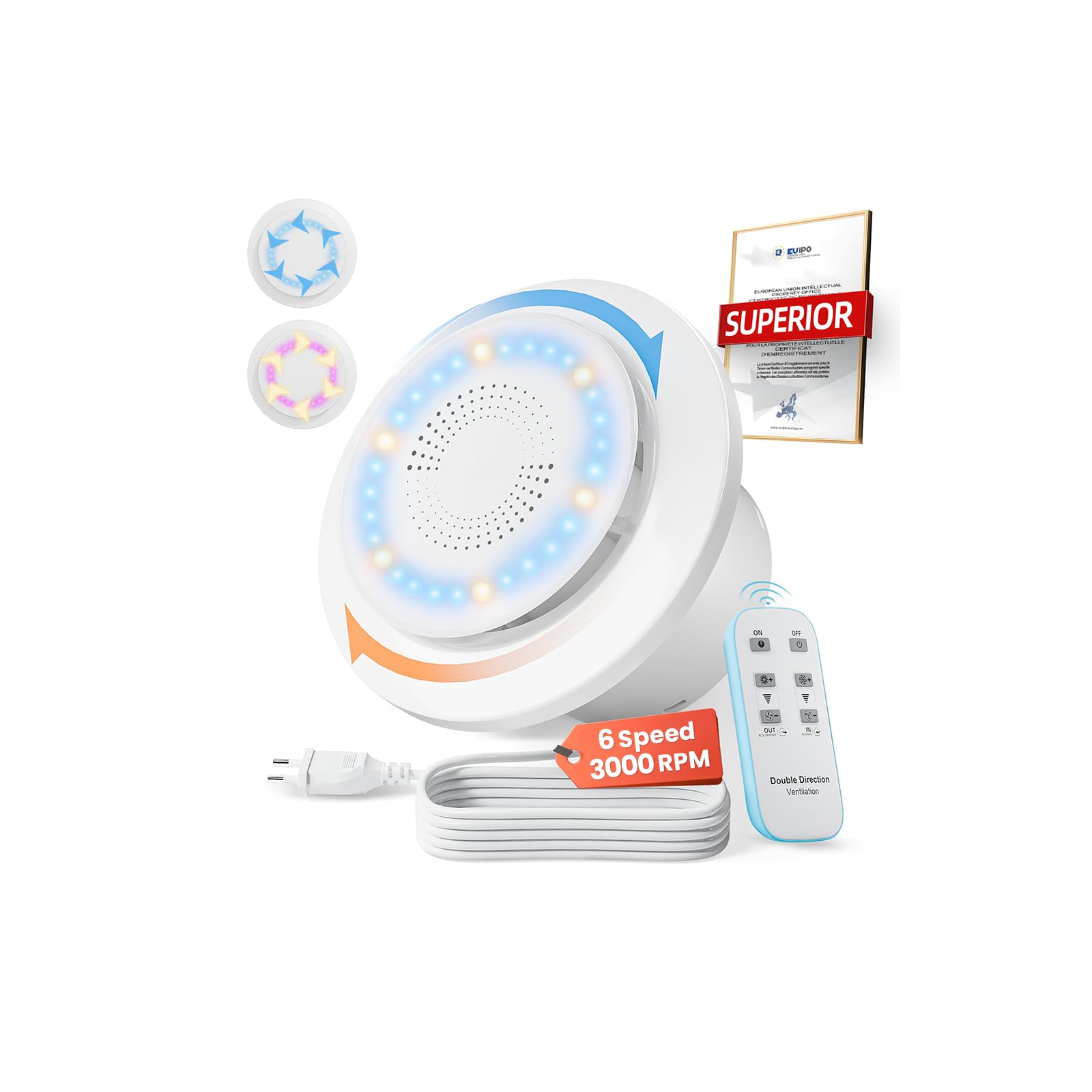 Ventilateur Extracteur d'air 100mm, 3000tr/min 220m³/h, VMC 2 Sens 6 Vitesses avec Feu d'Indication+Télécommande, Débit D'Air Puissant 2W Moteur DC Facile Installer Salle de Bain Lavoir GarageP106E2