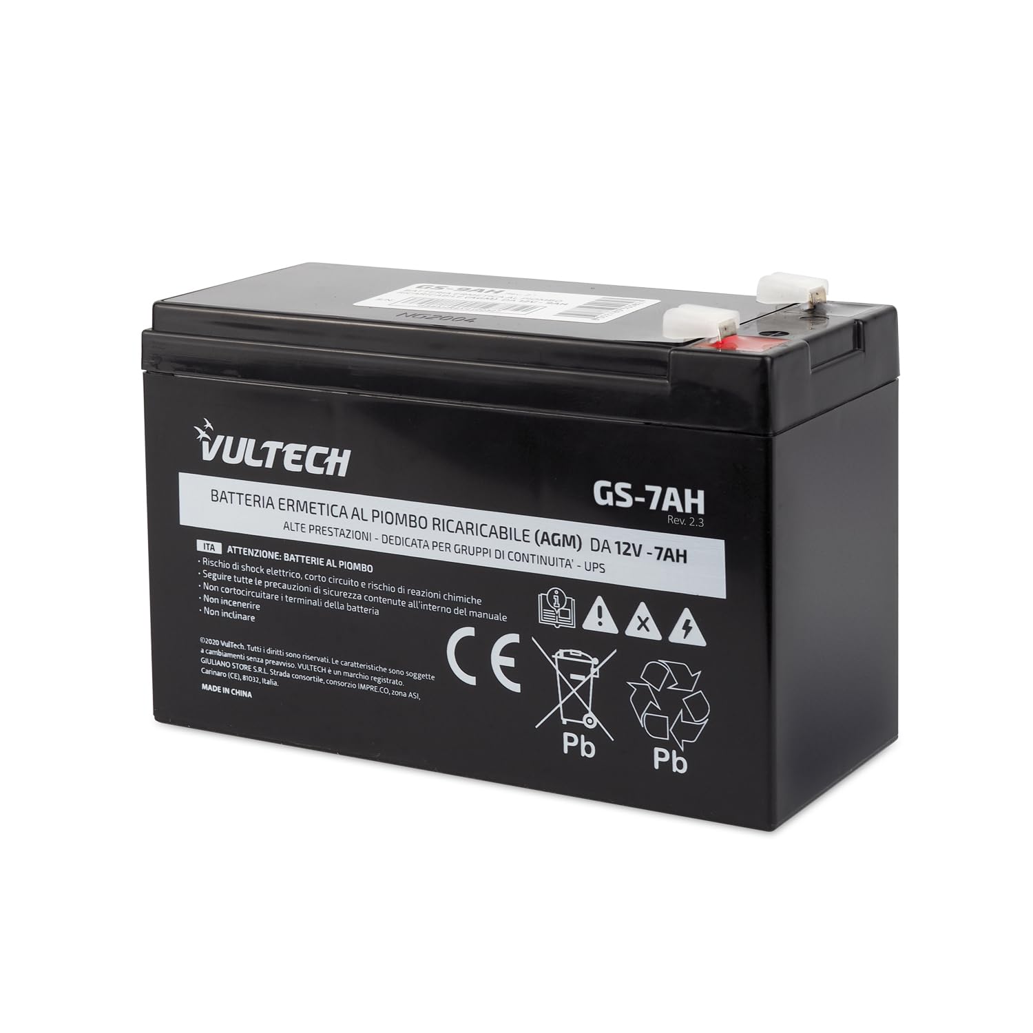 Vultech Batterie rechargeable AGM VRLA 7AH 12 V scellée au plomb Faston F2 pour UPS (groupes de continuité), systèmes de vidéosurveillance, alarmes, jouets électriques, vélos électriques