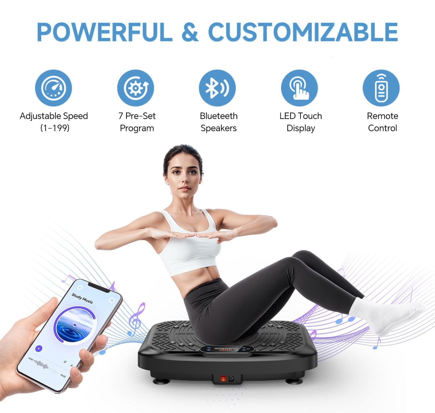 Taevno Vibration Plate Exercise Machine,Vibration Plate Machine 199 Adjustable Speed,Vibrating Plate Exercise Machine Automatic Mode P1-P7,Vibration Platform with Bluetooth 450 Lbs Capacity - 5