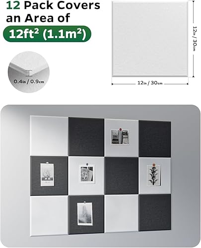 Miniatura 6 de Paneles acústicos para paredes, puertas, techo, paquete de 12 paneles cuadrados autoadhesivos de absorción de sonido, 12 x 12 x 0.4 pulgadas,