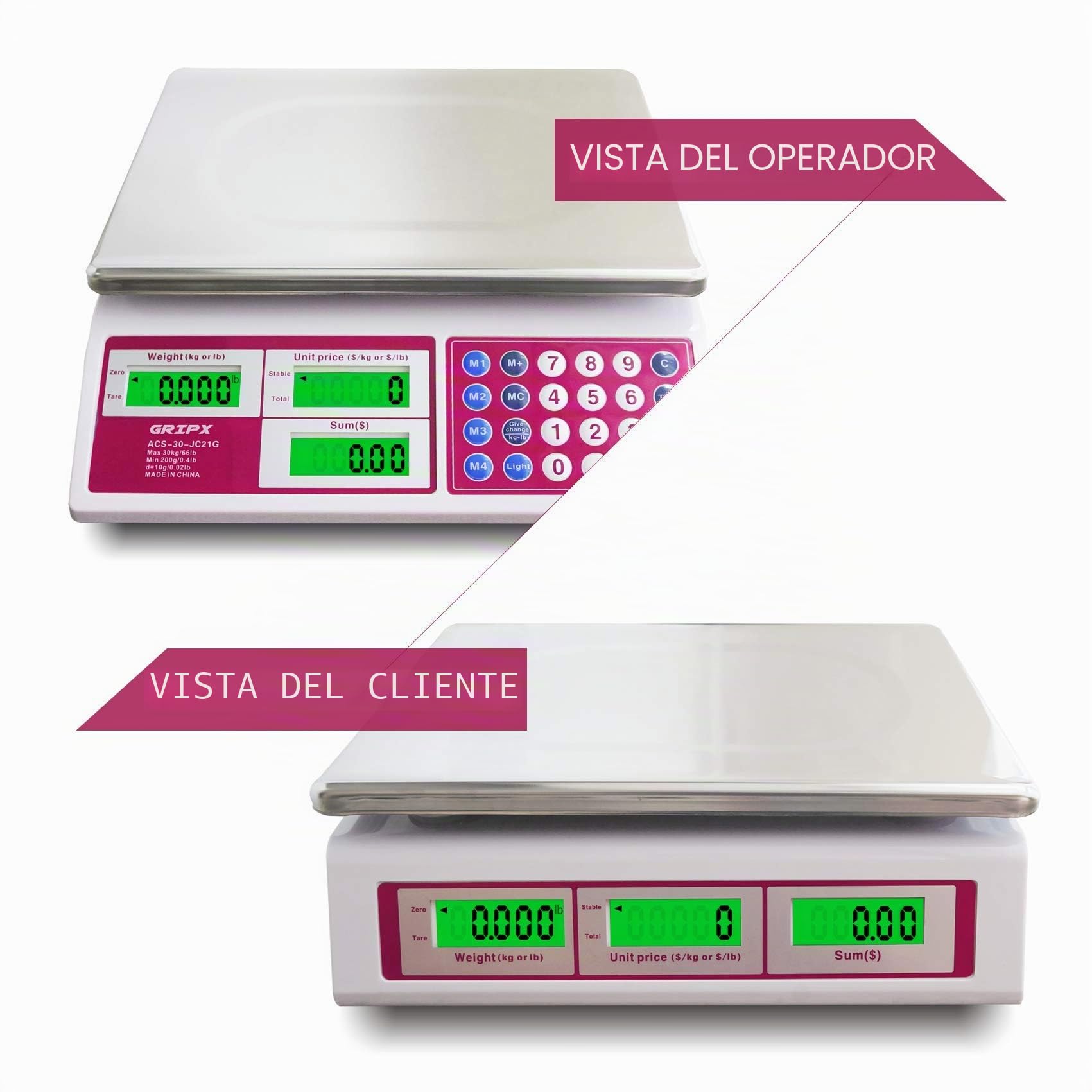 Escala de Precio Comercial Digital de 30 kg para Alimentos, Carne, Frutas y Verduras con retroiluminación Verde Pantalla LCD Plataforma de Acero Inoxidable Batería