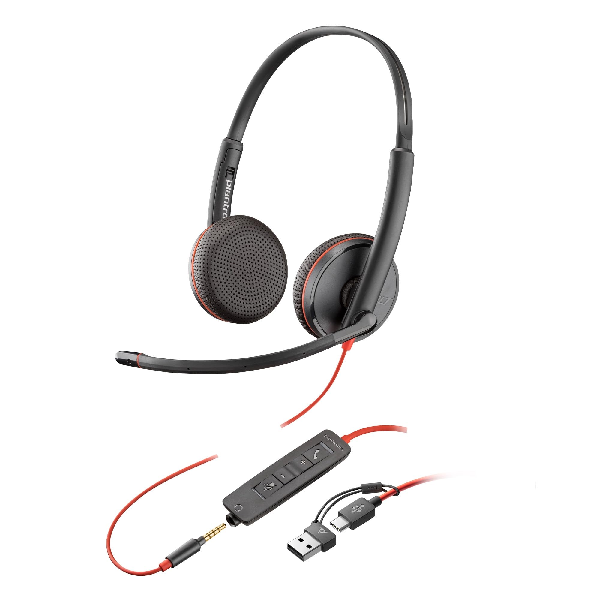 Micro-casque filaire Poly Blackwire 3225 – Microphone antibruit – Conception binaurale – Connexion à un PC/Mac/téléphone portable via USB-C, USB-A ou prise Jack 3,5 mm - Fonctionne avec Teams et Zoom
