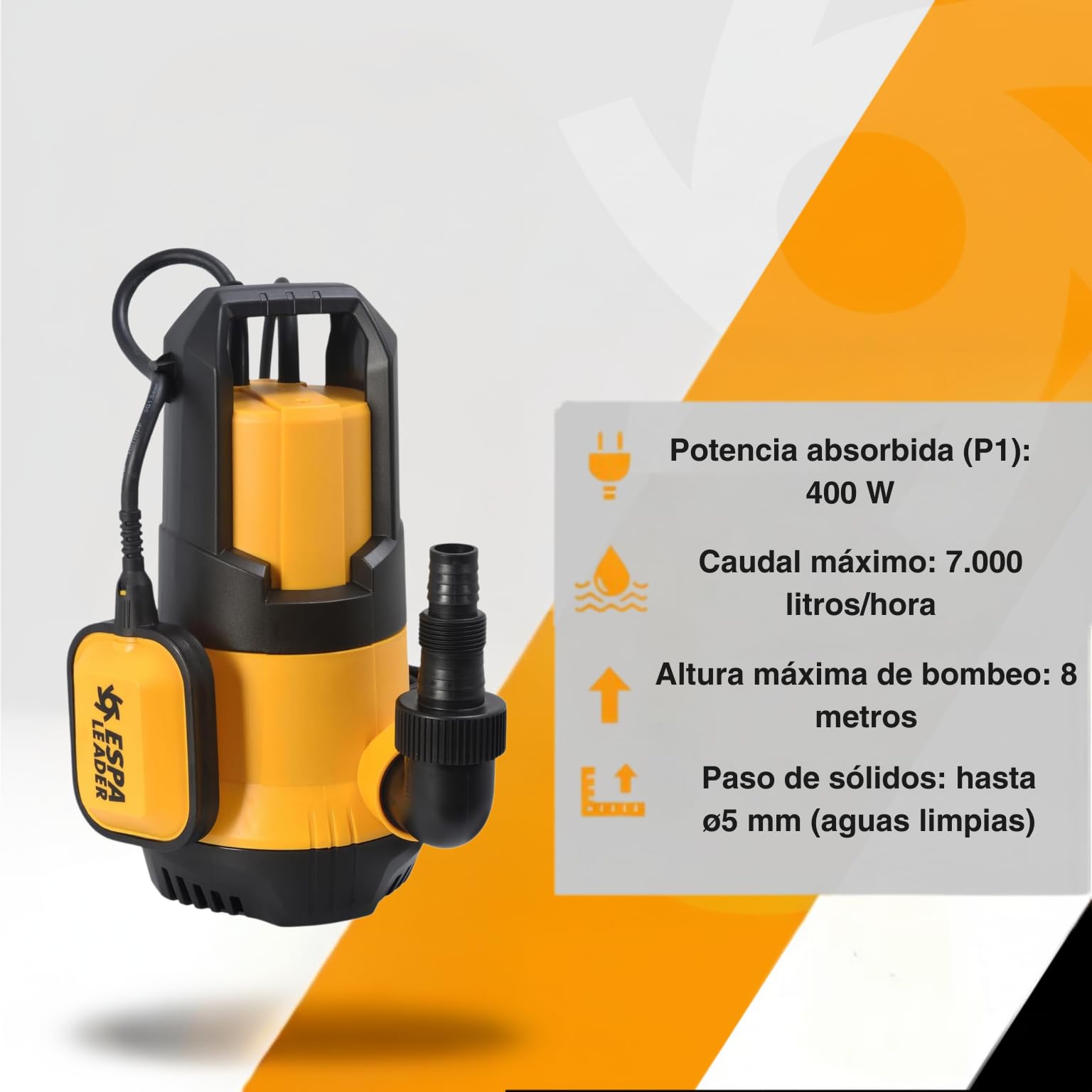 ESPA LEADER Bomba de Achique Sumergible KONA 400P M para Aguas Limpias, Trasvases y Vaciados, 400 W, Caudal Máximo 7.000 l/h, Altura Máx. 8m, con Interruptor de Nivel y 10m de Cable