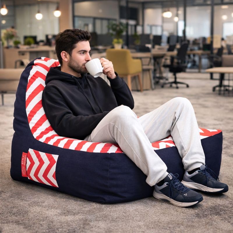 Image of Style Homez Urban Design Denim Canvas Stripes Printed Chair Bean Bag XXL Size Filled with Beans Fillers
