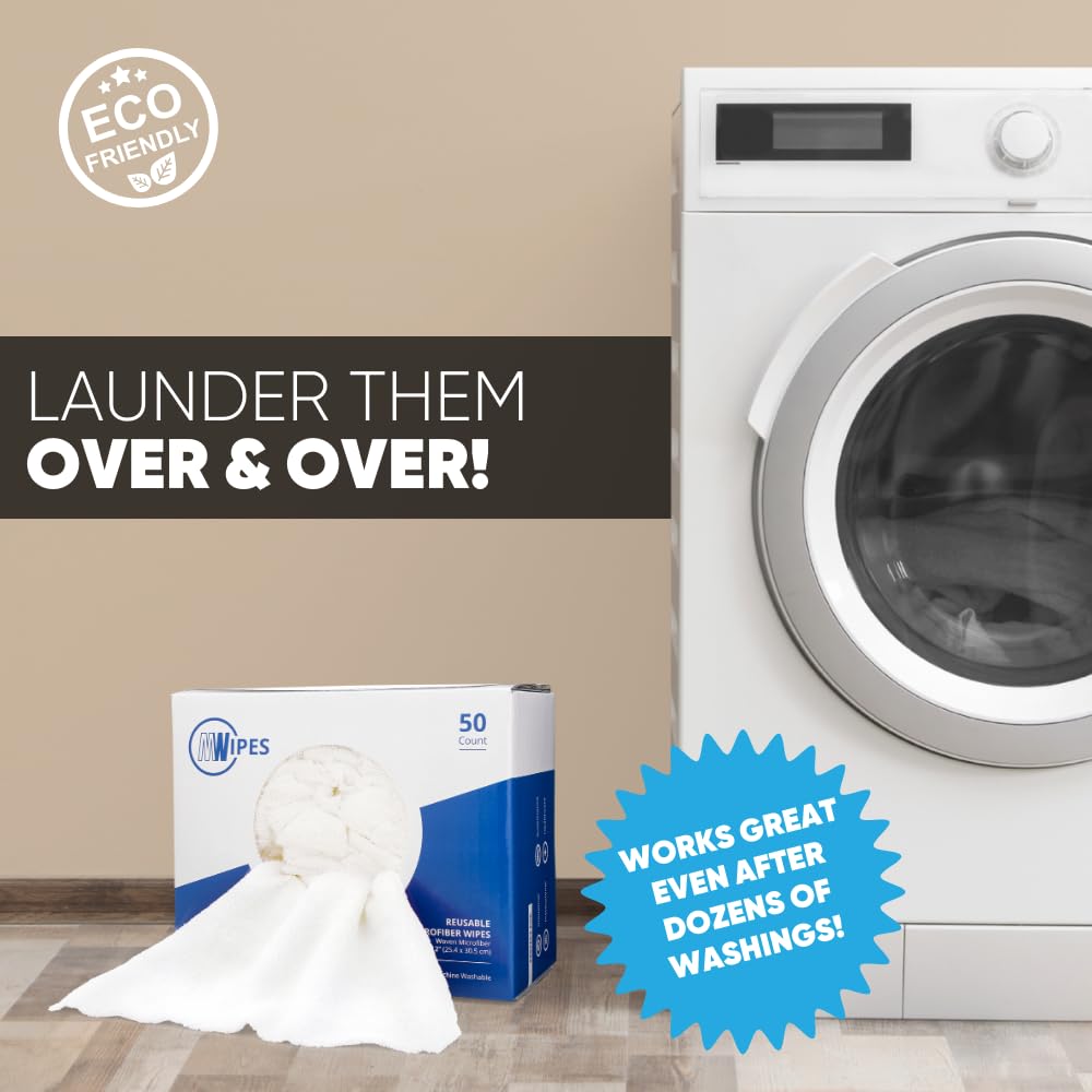 Microfiber Rags in A Box (50 Count) - Mwipes - 10" x 12" Reusable Wipes for Cleaning - Edgeless Terry Towels, Shop Rags, Wash, Dust, Disposable, House, Small Cleaning Cloths (White)