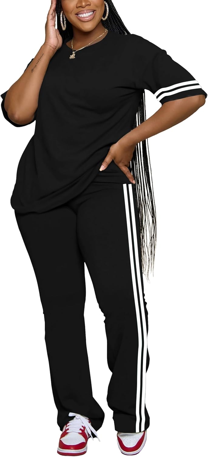Women's 2 Piece Outfits Crewneck Short Sleeve Tops and Flare Pants Lounge Sets Tracksuit - Image 2