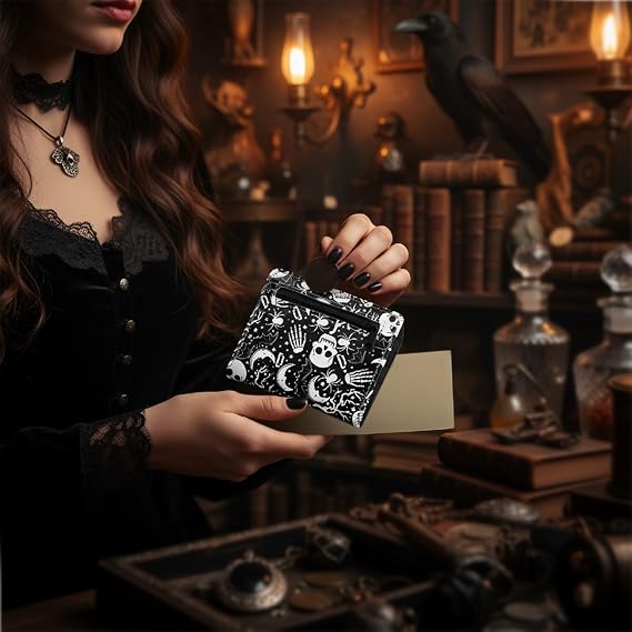Gothic Skull Print Purse - Compact Bifold Wallet for Women with Zipper Closure, Alternative Fashion Small Billfold, Black PU Travel Pocket Wallet
